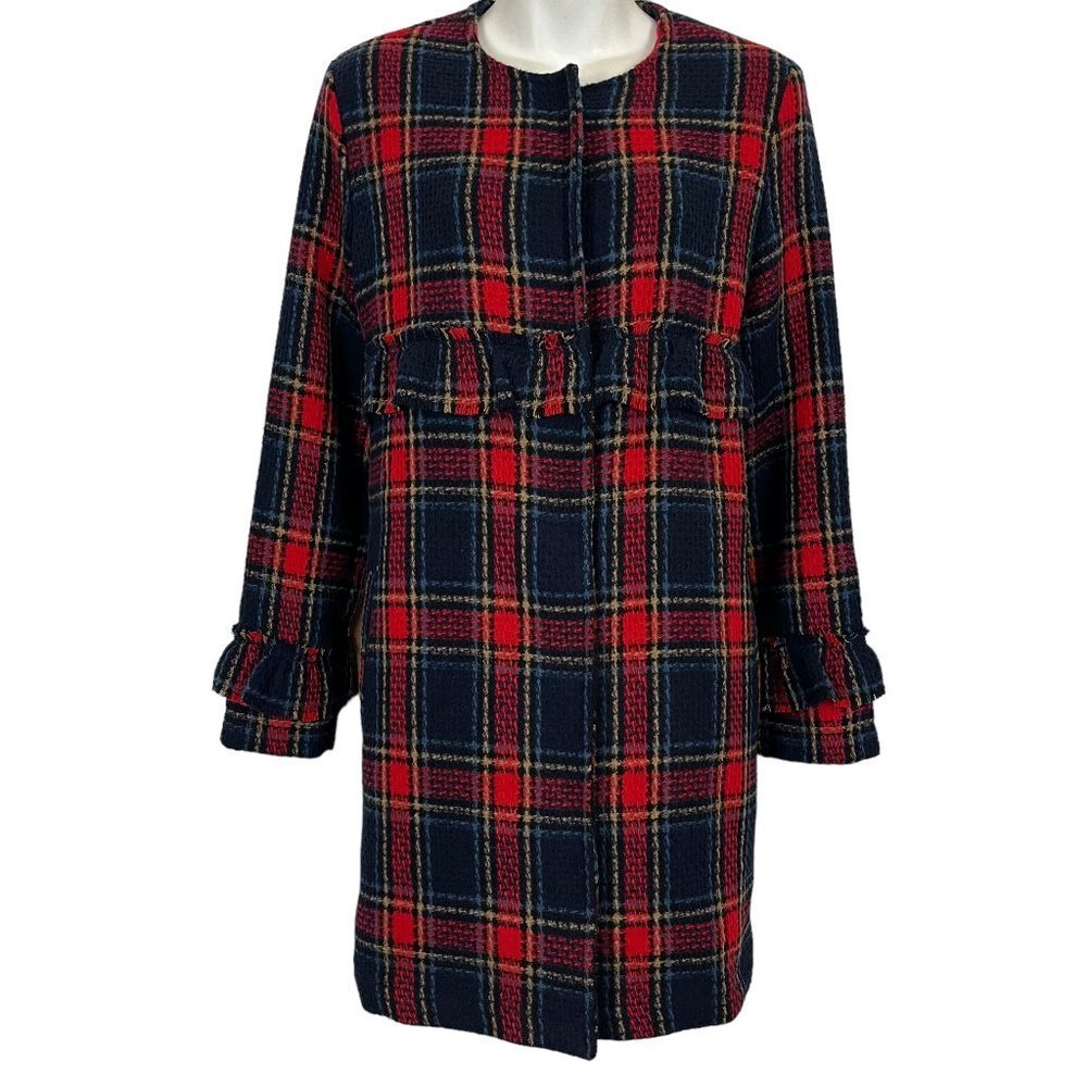 Jack BB Dakota Women's Red Plaid Swag Out Tweed Ruffle Trim Jacket Dress Coat S